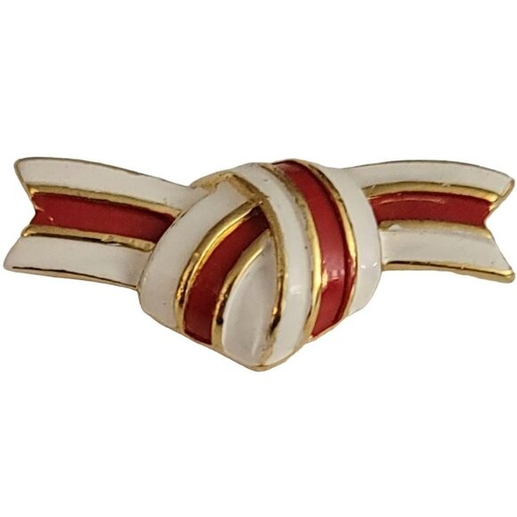 Trifari Crown Over T Gold tone Red White Enamel Love Knot Ribbon Bar Pin, Signed - Picture 9 of 9